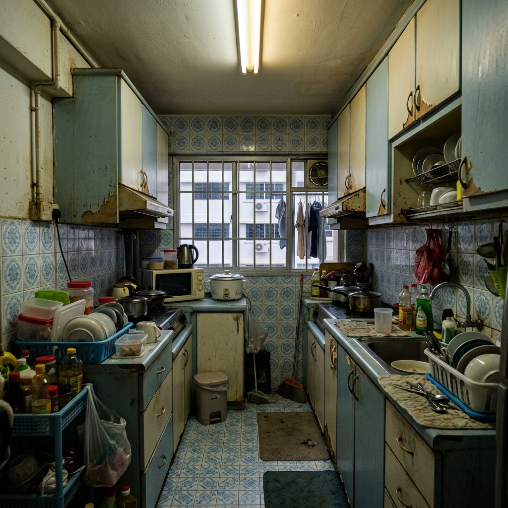 Outdated cluttered kitchen before renovation